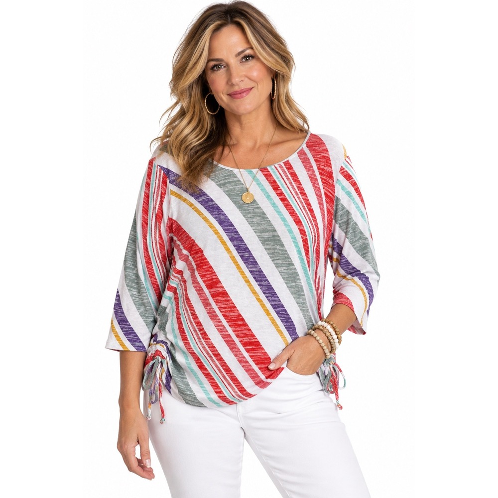 Susan Graver Weekend Multicolor Diagonal Stripe 3/4 Sleeve Side Cinch Top XL